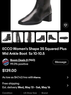Ecco Black Leather Mid Ankle Boot with Block Heel